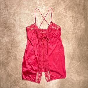 Floral Lace Babydoll Open Front Lingerie Cami Top Sheer Tie Closure Pink Red